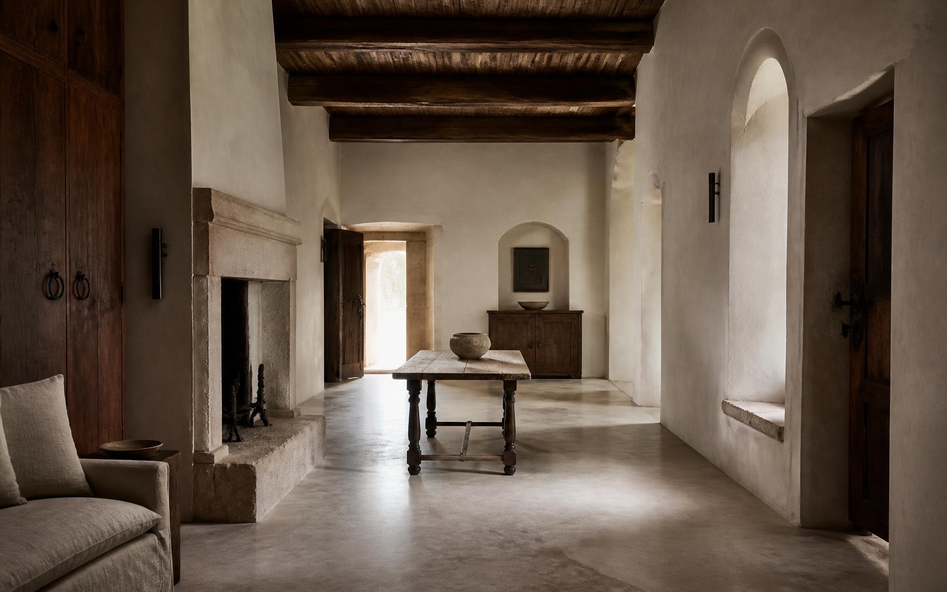 Adobe interior of lime plaster, aged limestone, dark walnut and hand-forged iron