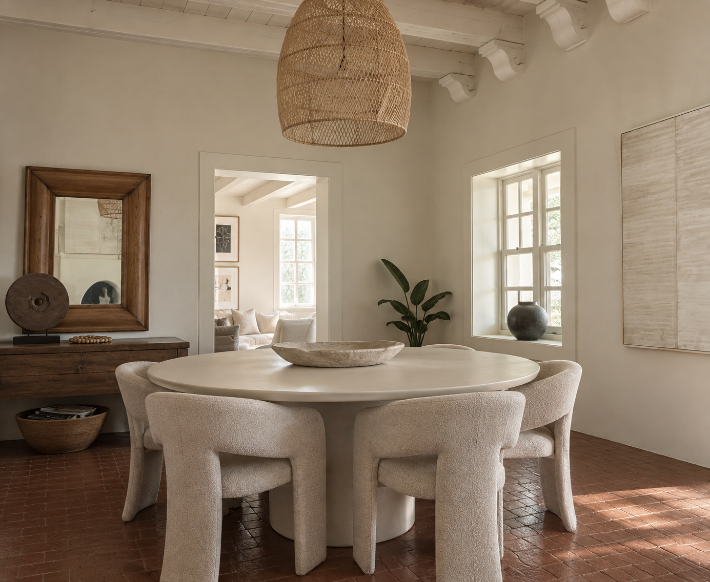 The Adobe dining room with a round cream table, sculptural chairs, woven pendant and brick floors