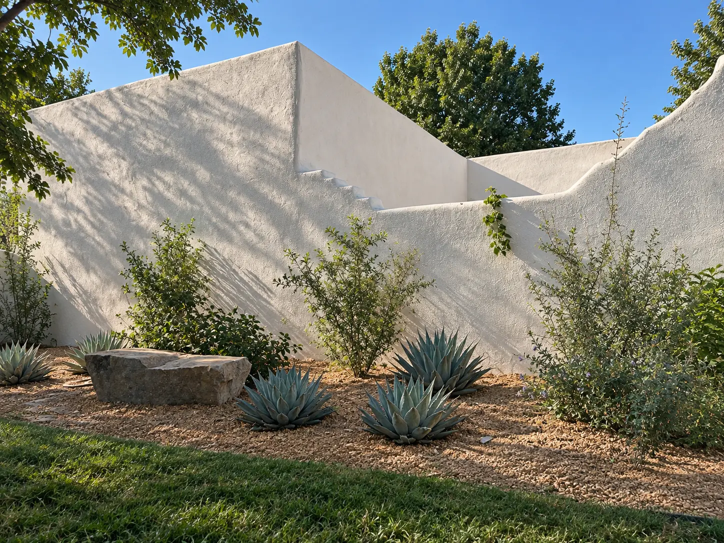The Adobe exterior with white walls framed by agaves and native landscaping