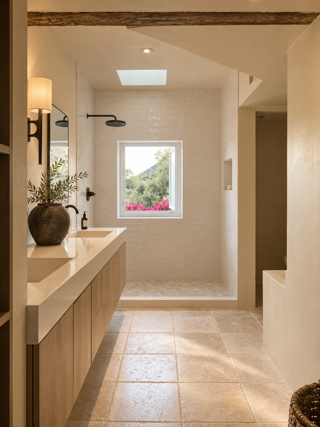 View through the Casa Blanca bathroom toward the shower, skylight and window