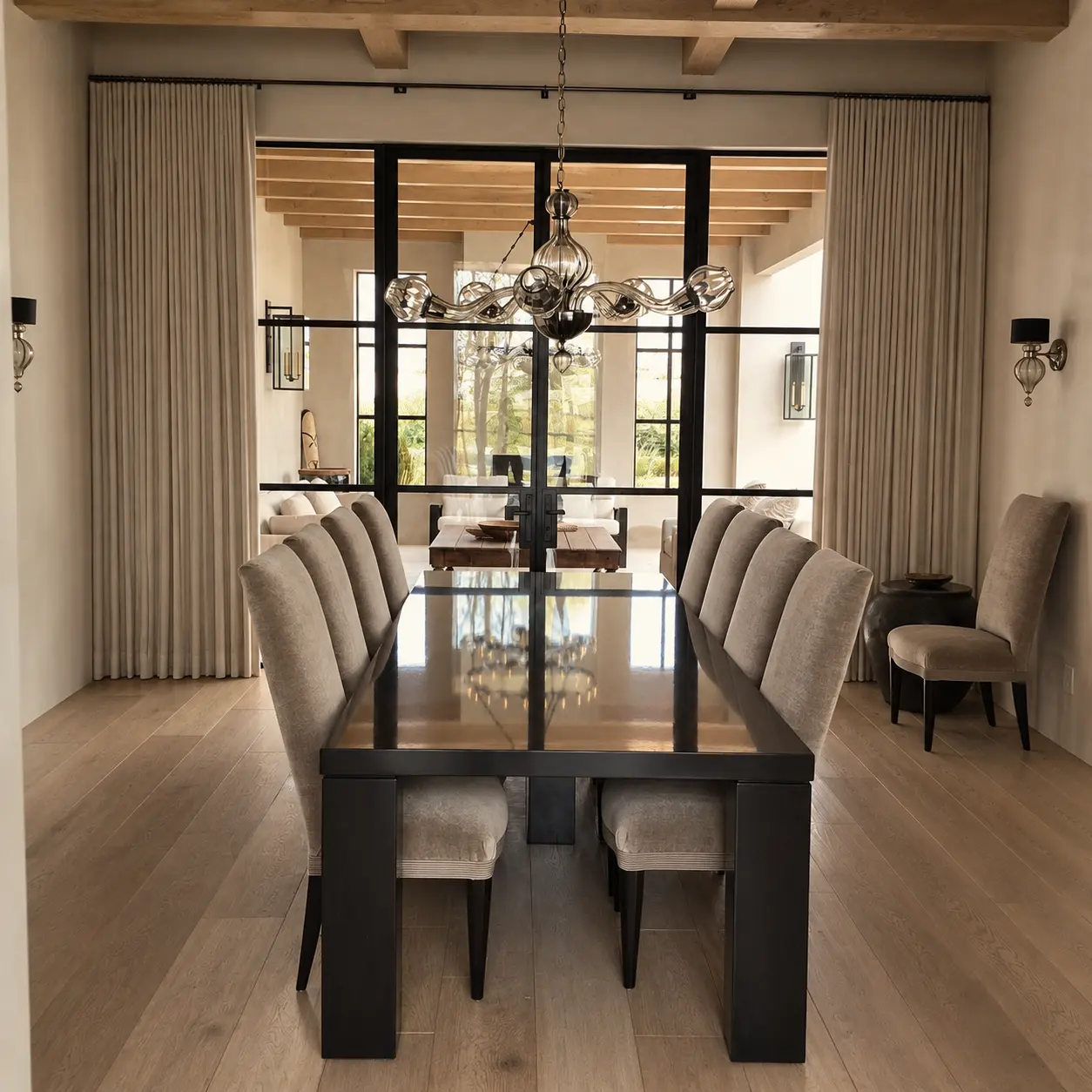 Bona Terra dining room beneath a structured timber ceiling