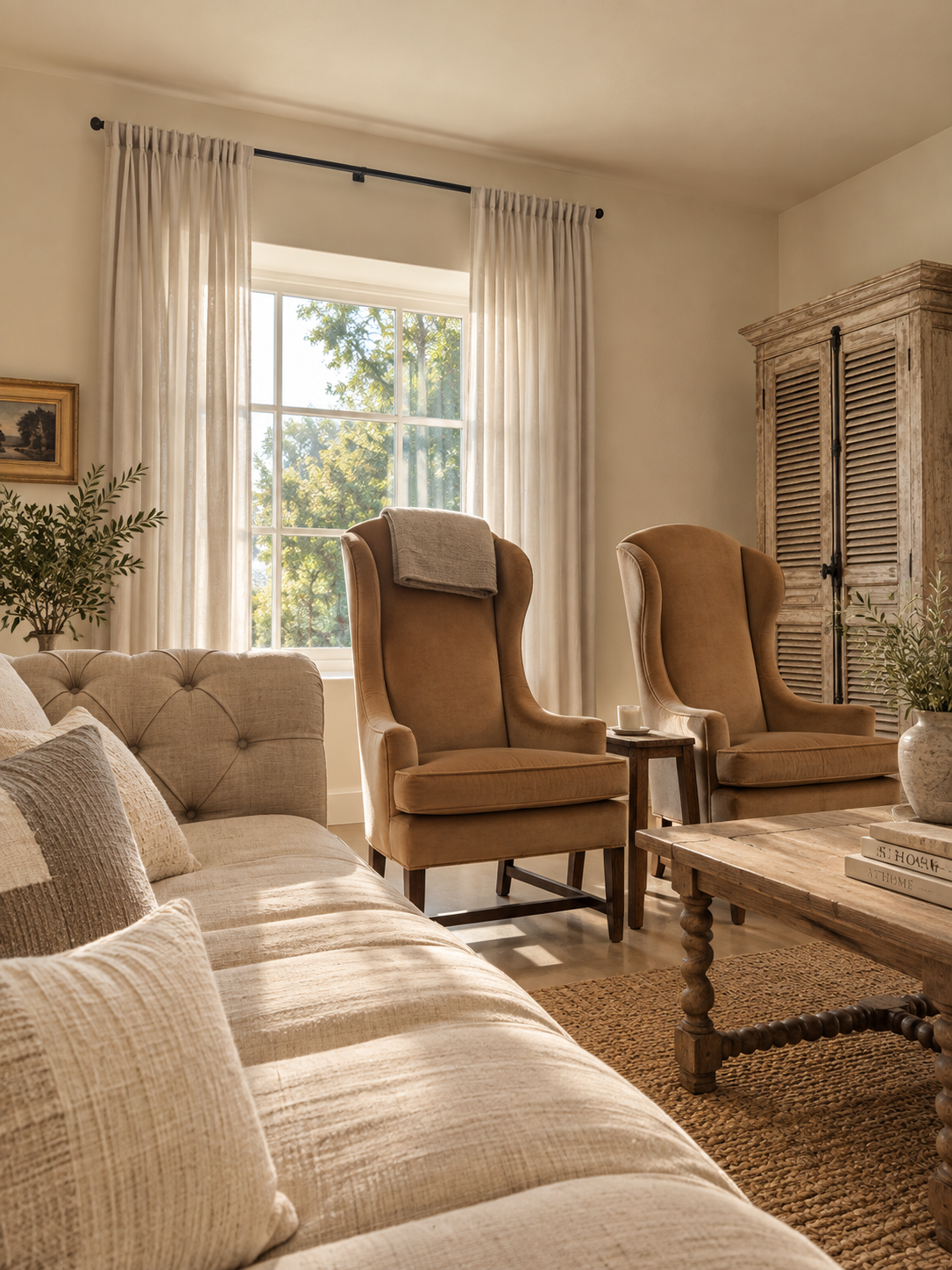 Casa Blanca living room with a linen sofa, two wing chairs and a large window