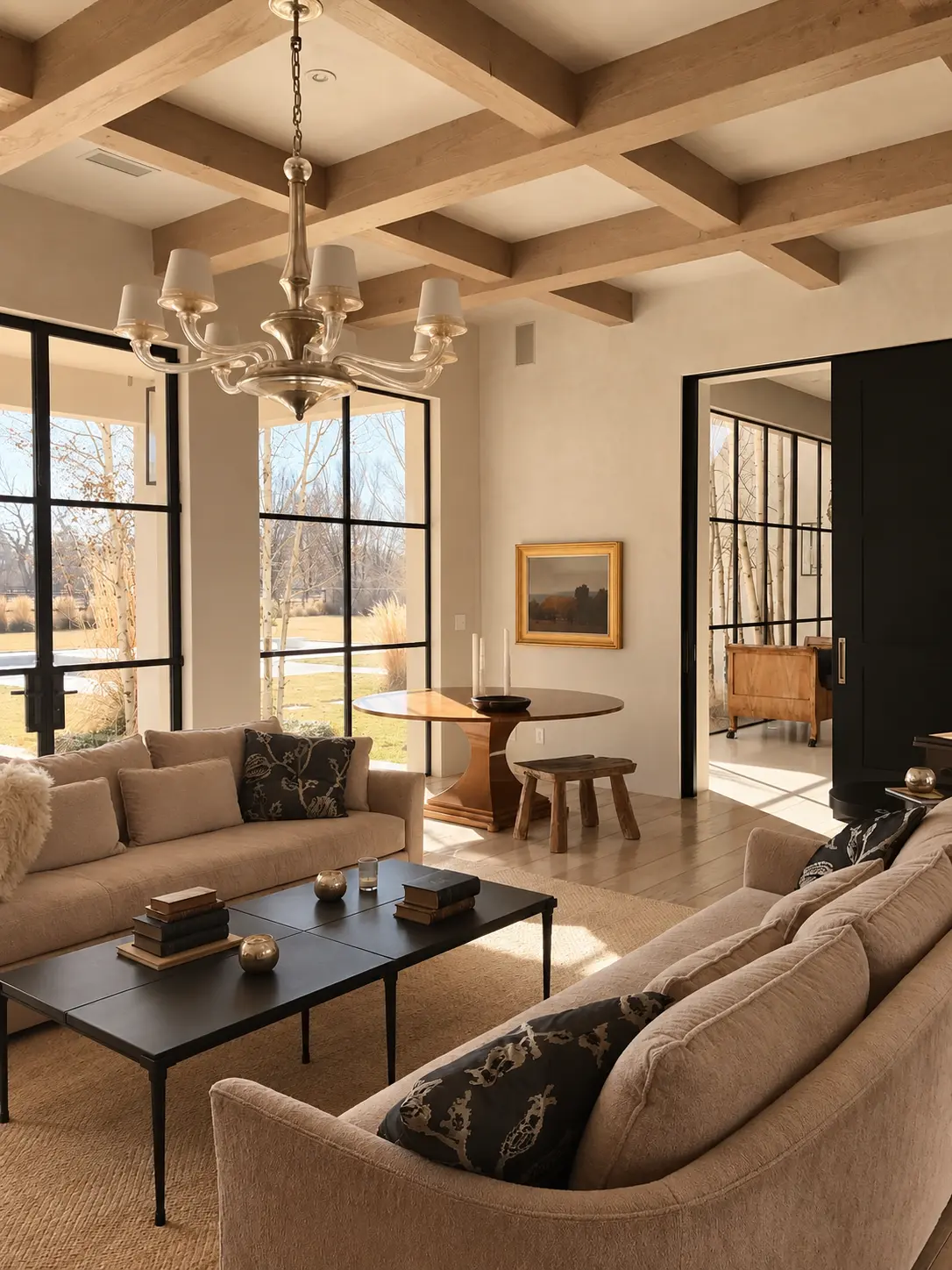Alternate view across the living room toward steel-framed garden doors