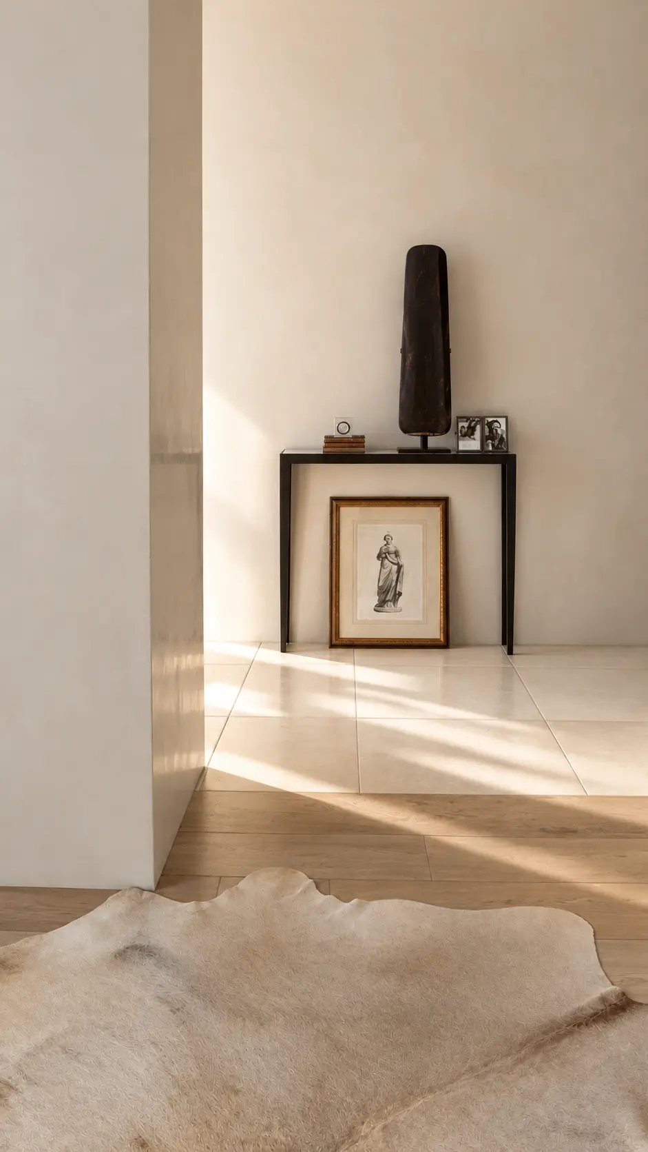 Collected objects and framed artwork in angled afternoon light