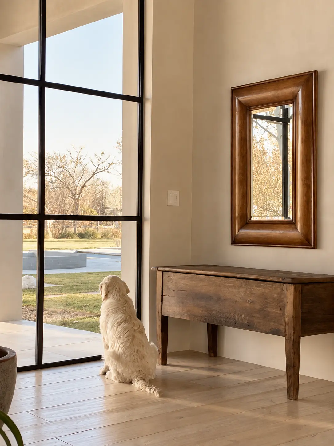 Quiet window moment with an antique console and a dog looking into the garden