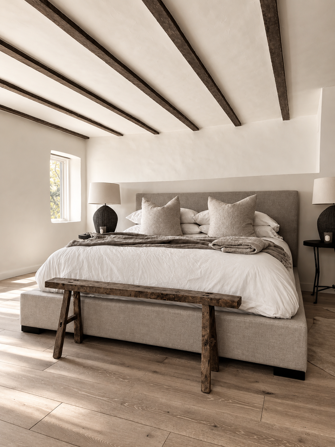 Casa Blanca bedroom with dark timber beams and a linen-upholstered bed