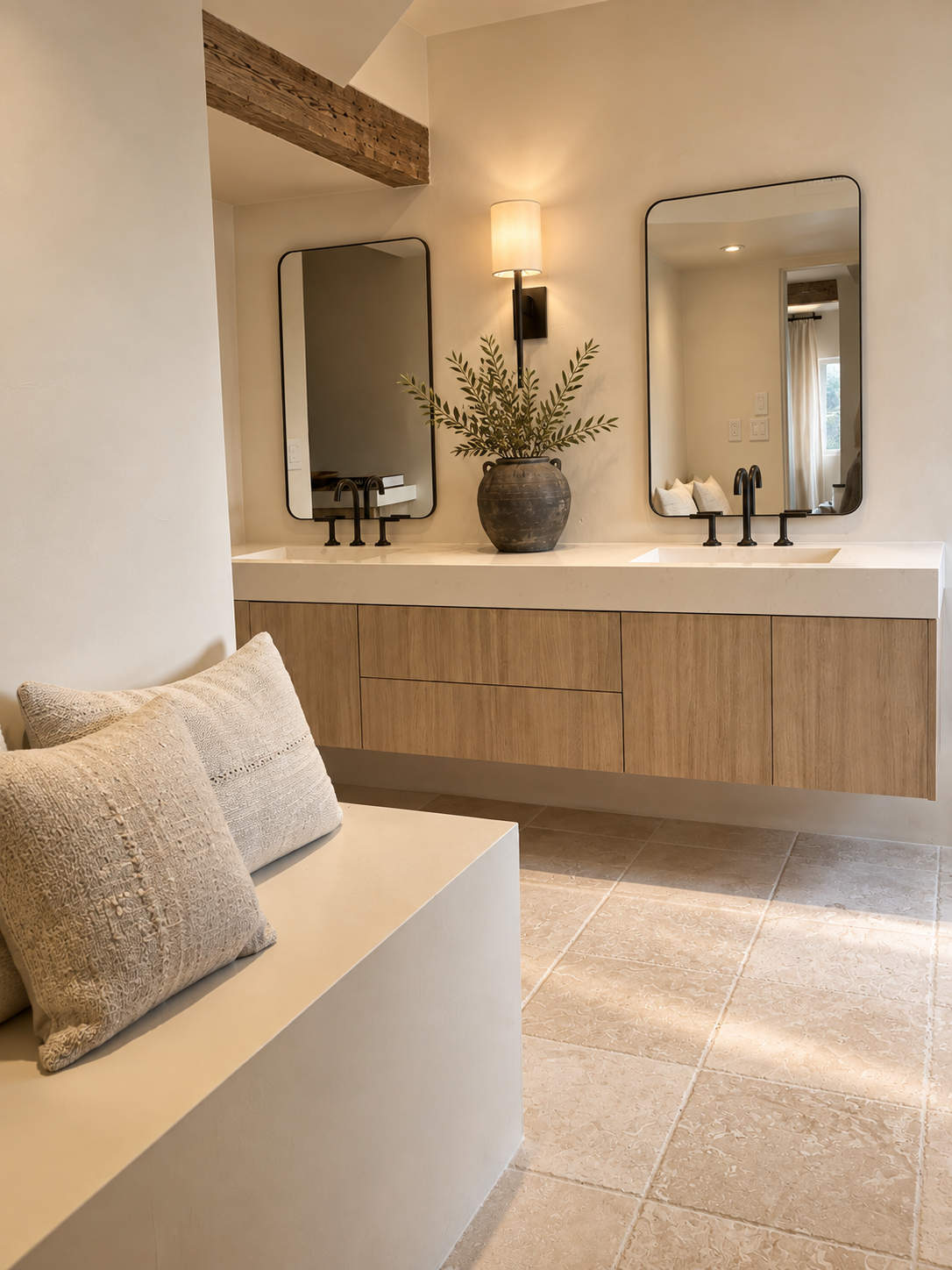 Casa Blanca double vanity with a built-in bench in the foreground