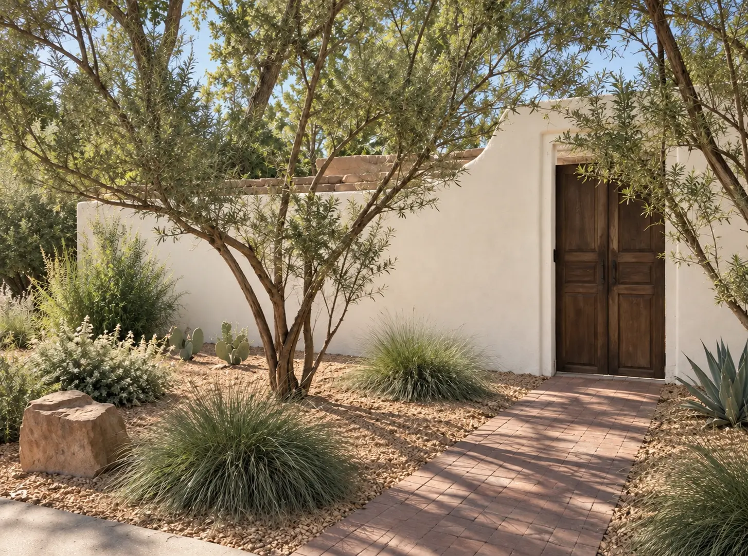 The Adobe entry with dark wooden double doors, white adobe walls, brick pathway and surrounding trees