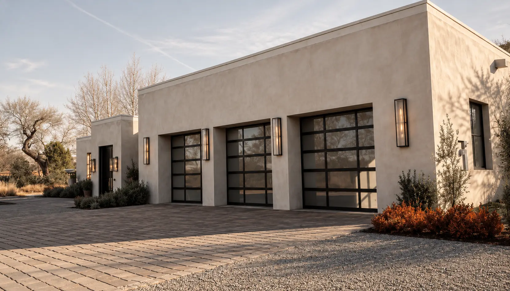 Bona Terra exterior with quiet plaster forms and steel-framed garage doors