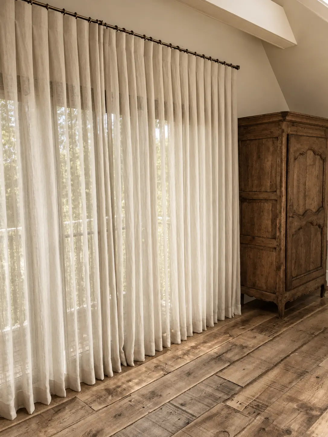 Sheer linen drapery, aged wood cabinet and reclaimed timber floor