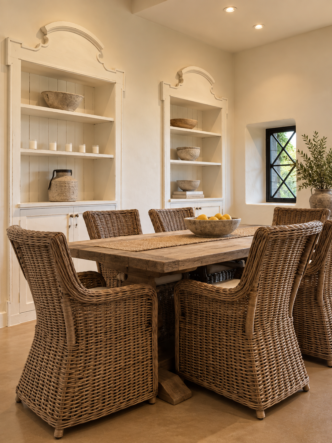 Casa Blanca dining room with woven chairs and two architectural built-ins