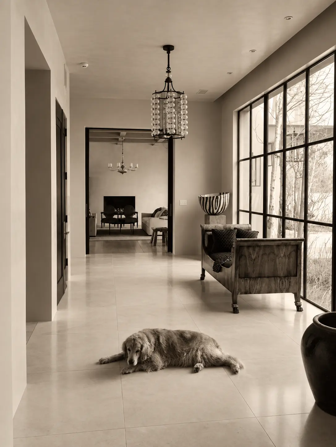 Long architectural gallery with steel-framed glazing and a dog